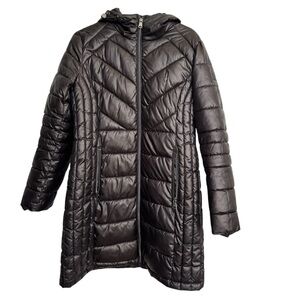 Kenneth Cole Cinched Waist Puffer Jacket Women’s Size S Black Long Hooded